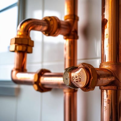 An image of copper pipe plumbing in an affluent suburban residential home