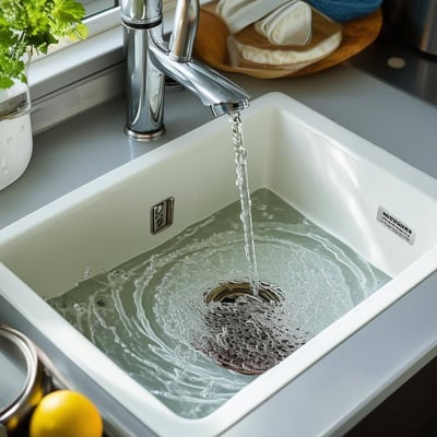 clogged kitchen sink full of dishwater, simple