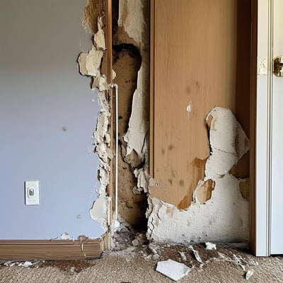 residential home wall damaged by a leaking pipe